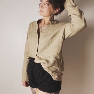 FLAX Linen Long Sleeve Button Down Khaki Tan Small